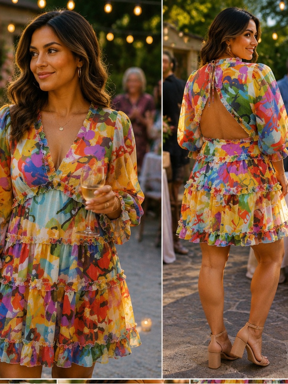Truth NYC Colorful Abstract Print Tiered Ruffle Boho Dress V-Neck Lined Size 1X - Picture 2 of 11
